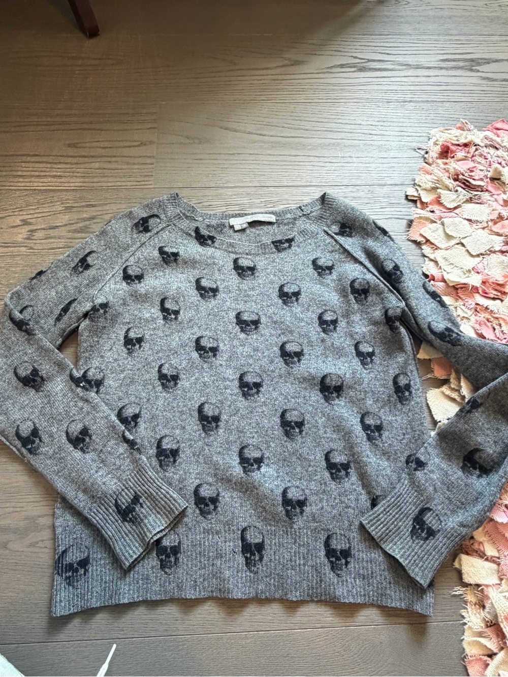 360 Cashmere Gray Skull-Print Crewneck Sweater